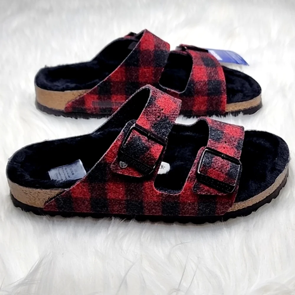 Birkenstock Arizona Wool Shearling Sandal Plaid Red